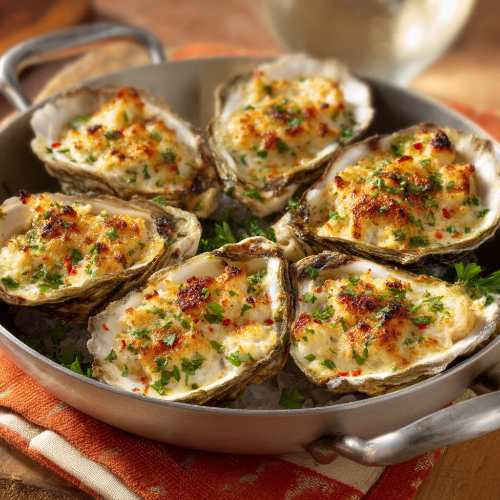 Cheesy baked oysters, a close-up view of a serving in a pan, garnished with fresh parsley and red pepper flakes.