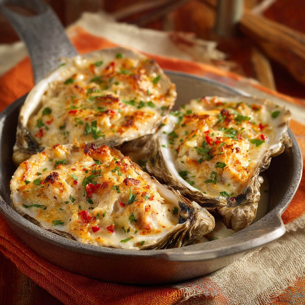 Cheesy baked oysters presented three in a rustic skillet with a garnish of parsley and chili flakes.