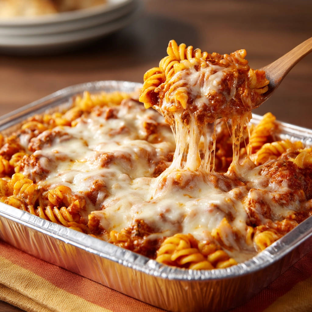 Cheesy baked rotini with a gooey cheese pull being lifted from the aluminum baking pan.