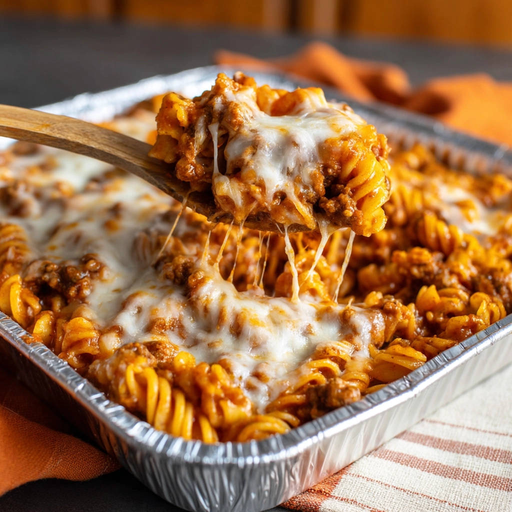 Cheesy baked rotini with a spoonful lifting out, showing strings of melted mozzarella cheese.
