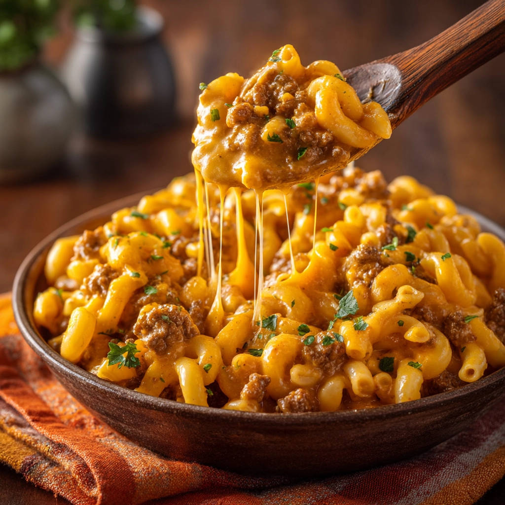 Cheesy beef and macaroni lifted on a wooden spoon, showing a gooey cheese pull over the bowl.