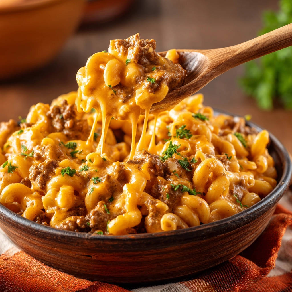 Cheesy beef and macaroni seen on a wooden spoon with dripping cheese, a close-up view.