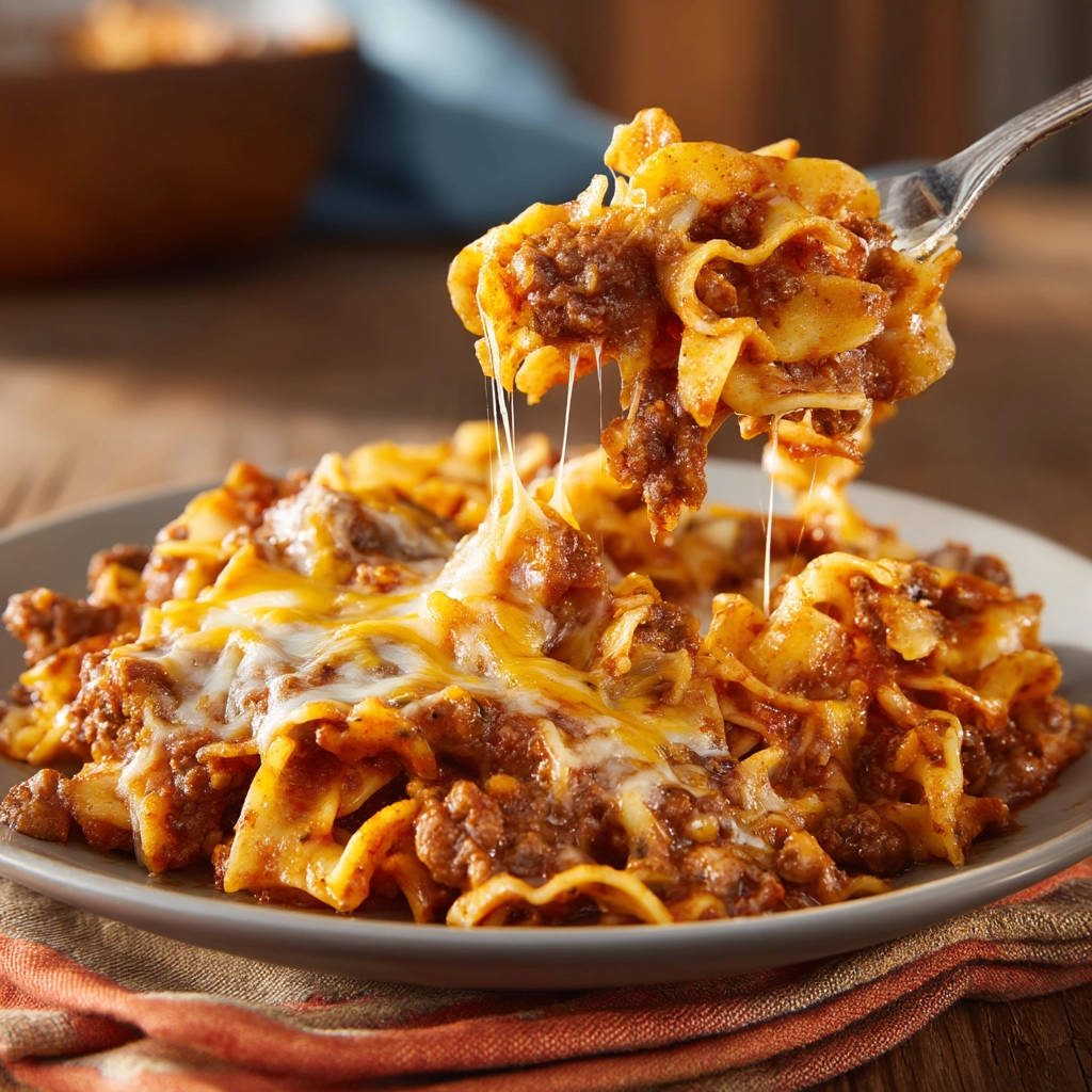 Cheesy beef noodle bake shown on a fork being lifted from a plate, showing melted cheese.
