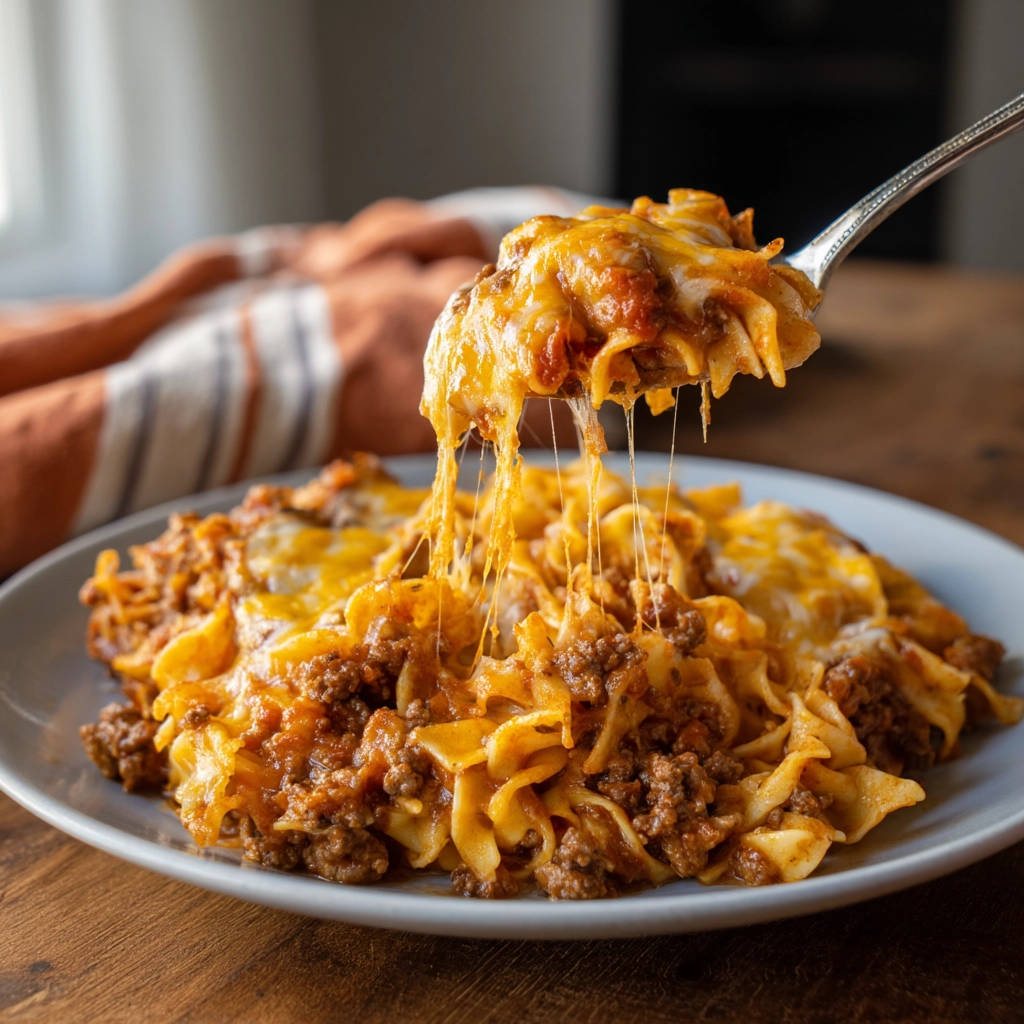 Cheesy beef noodle bake being lifted with a fork, showing gooey melted cheese strings.