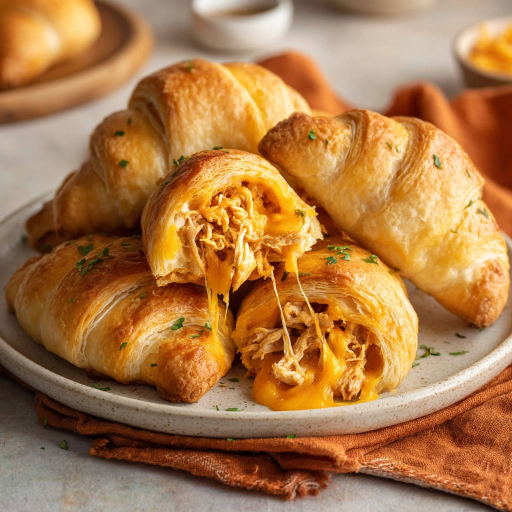 Amazing Cheesy Chicken Crescents shown in a cross-section with gooey melted cheese stretching out.