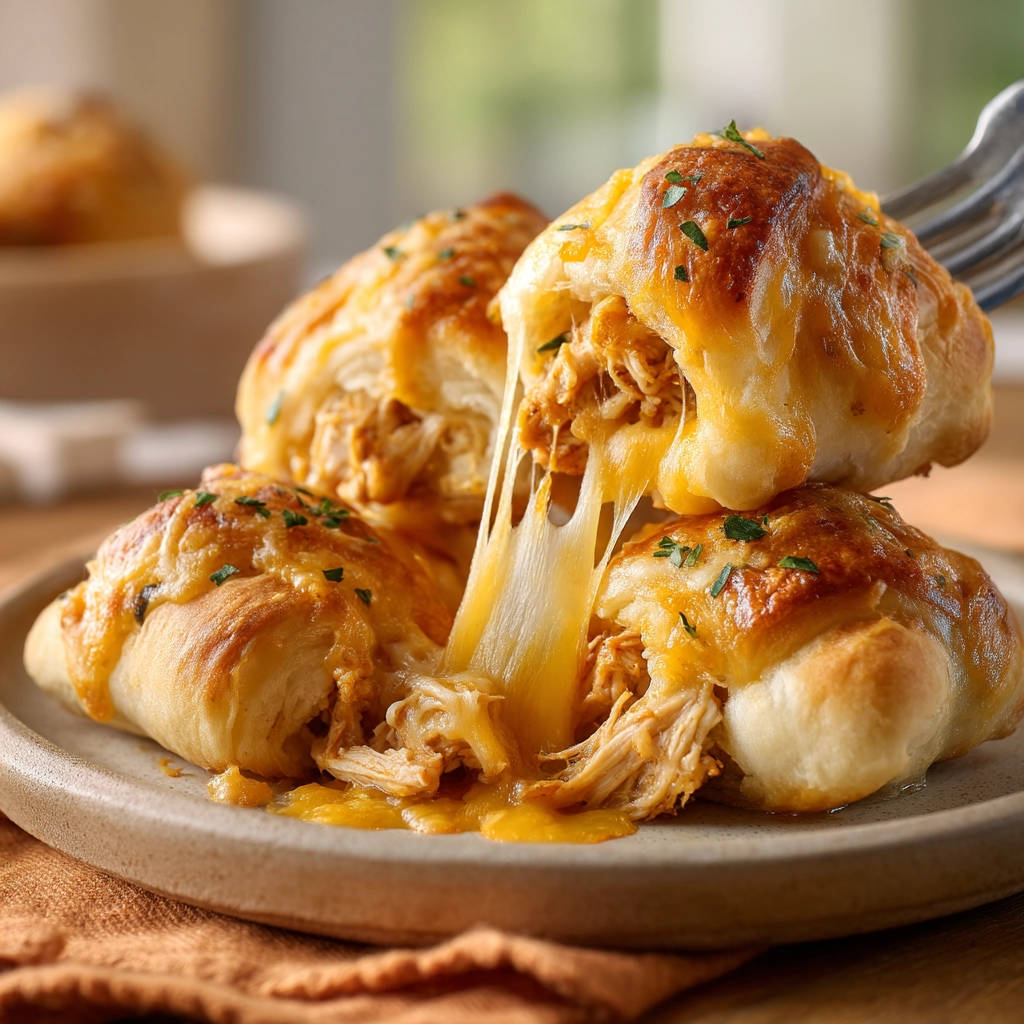 Amazing Cheesy Chicken Crescents with a dramatic cheese pull as one crescent is lifted by a fork.