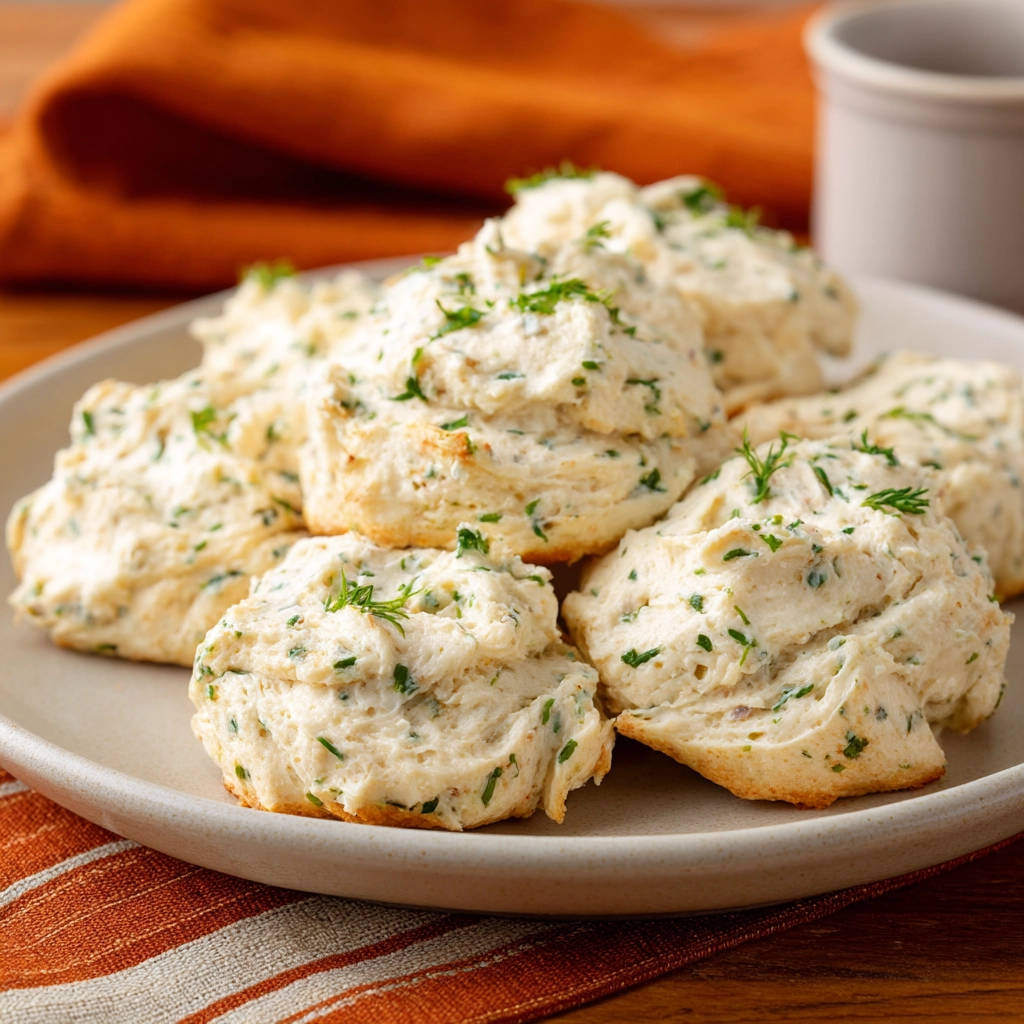Cheesy garlic herb drop biscuits piled high on a plate, showcasing their fluffy texture and fresh herb garnish.