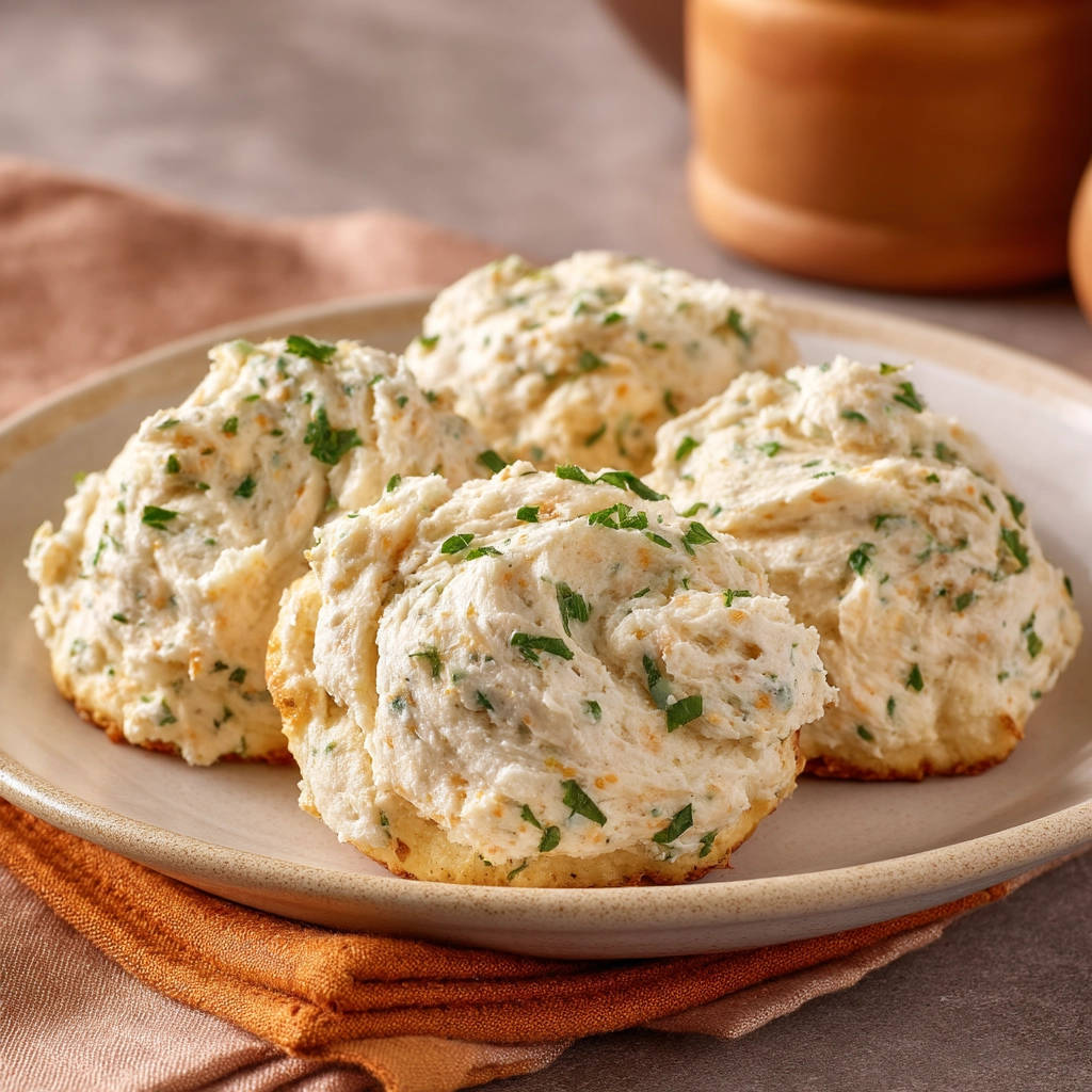 Cheesy garlic herb drop biscuits plated on a round dish, showcasing their fluffy texture and fresh parsley garnish.