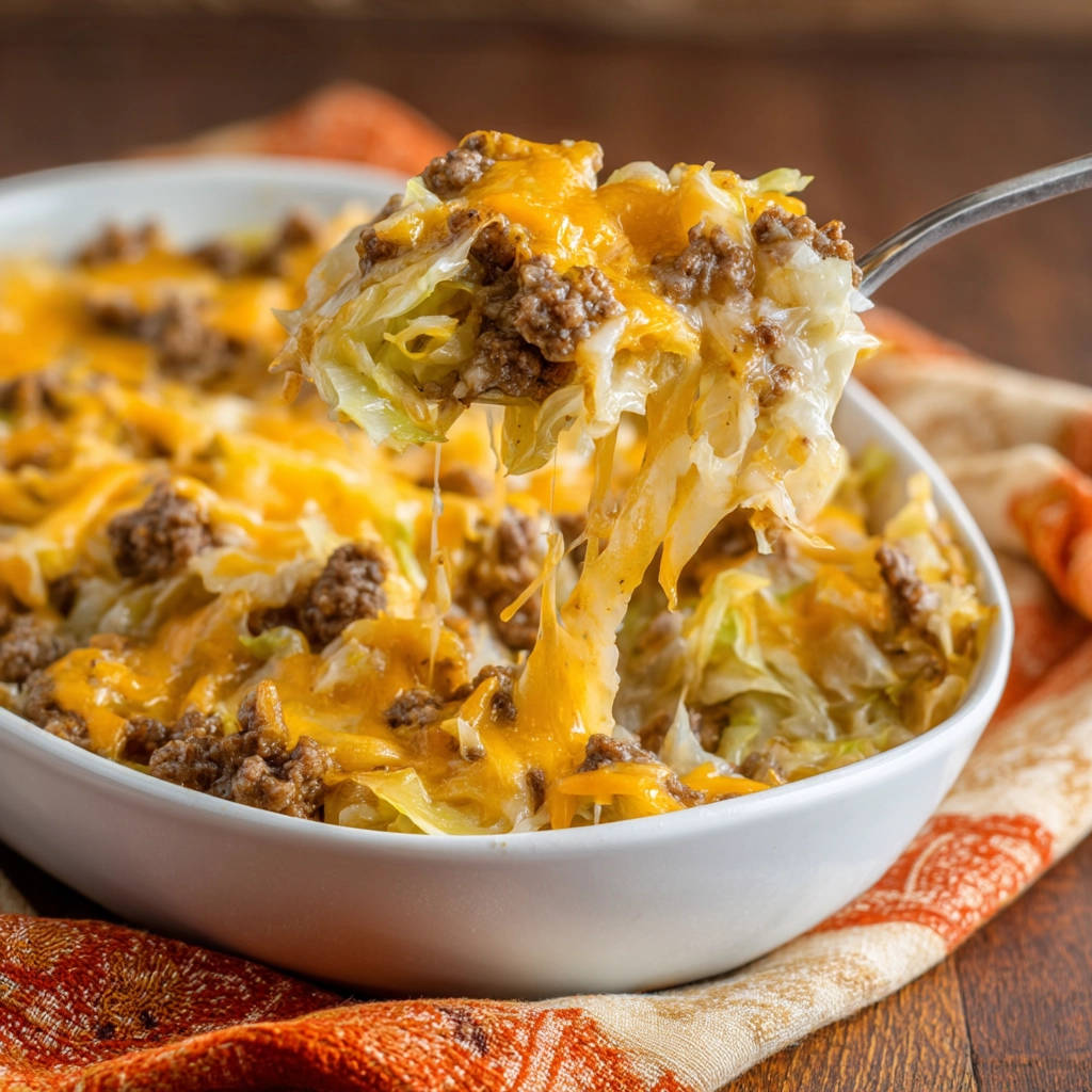 Cheesy ground beef and cabbage bake perfection, with a fork lifting a cheesy portion out of the dish.