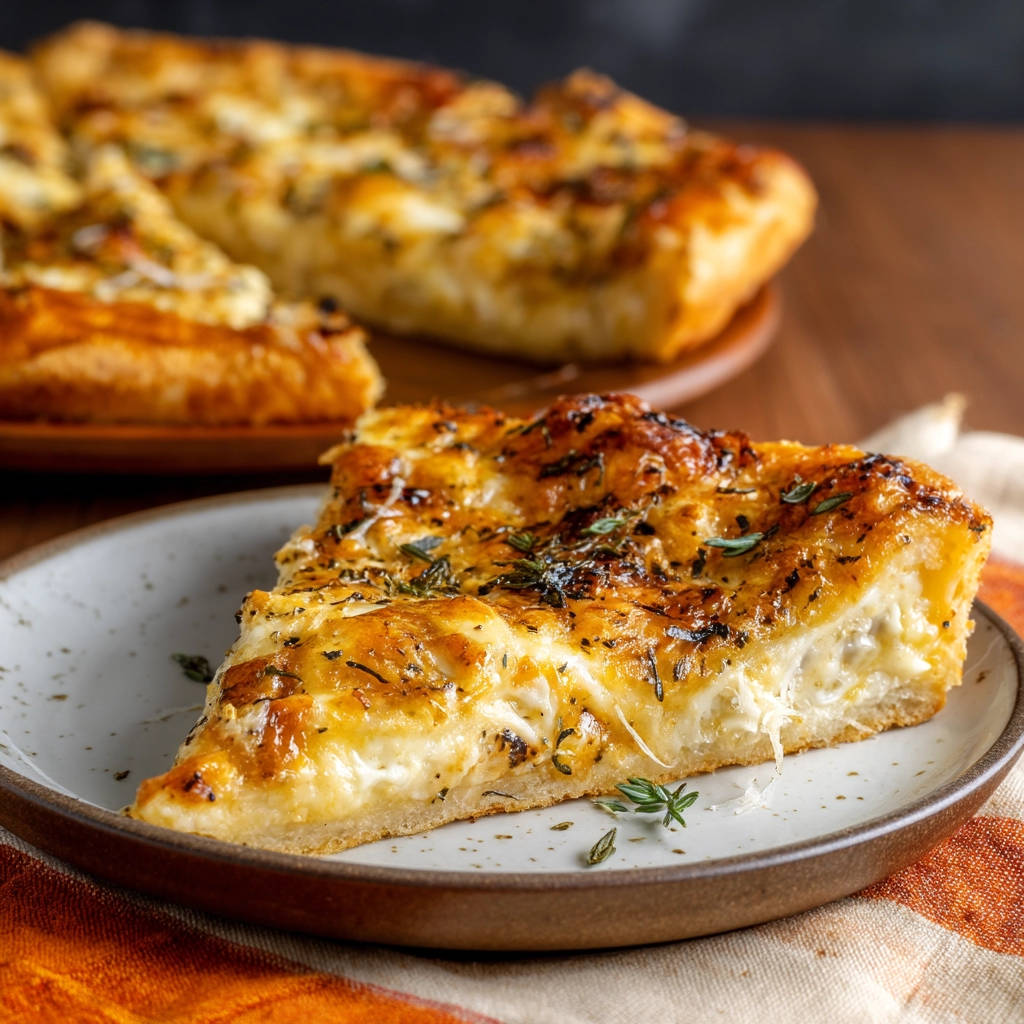Easy cheesy herb bread plated slice showing a thick, fluffy cross-section with melted cheese and herbs.