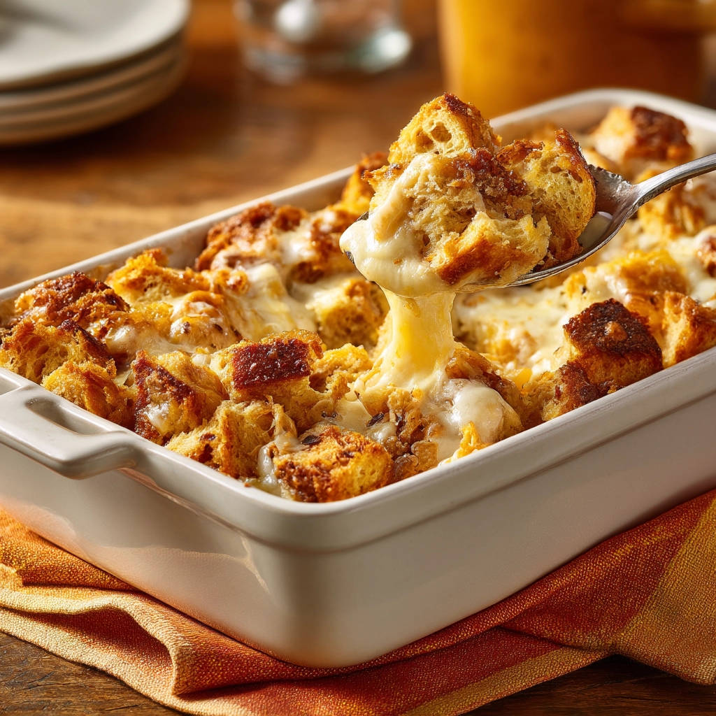 Cheesy savory bread bake with a spoonful lifting to reveal a gooey cheese pull from the casserole dish.