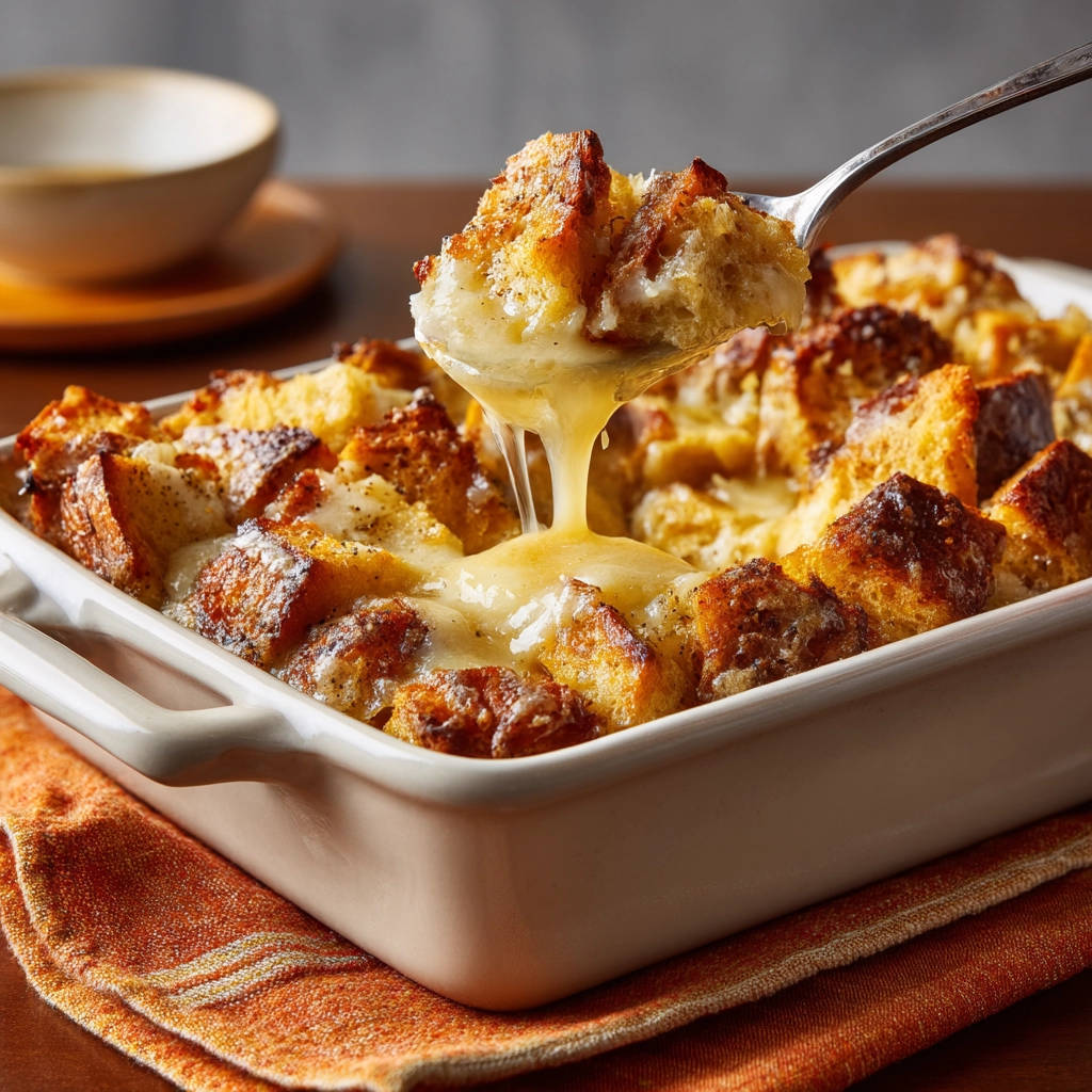 Cheesy savory bread bake being scooped with a spoon, showing a rich, creamy drizzle.