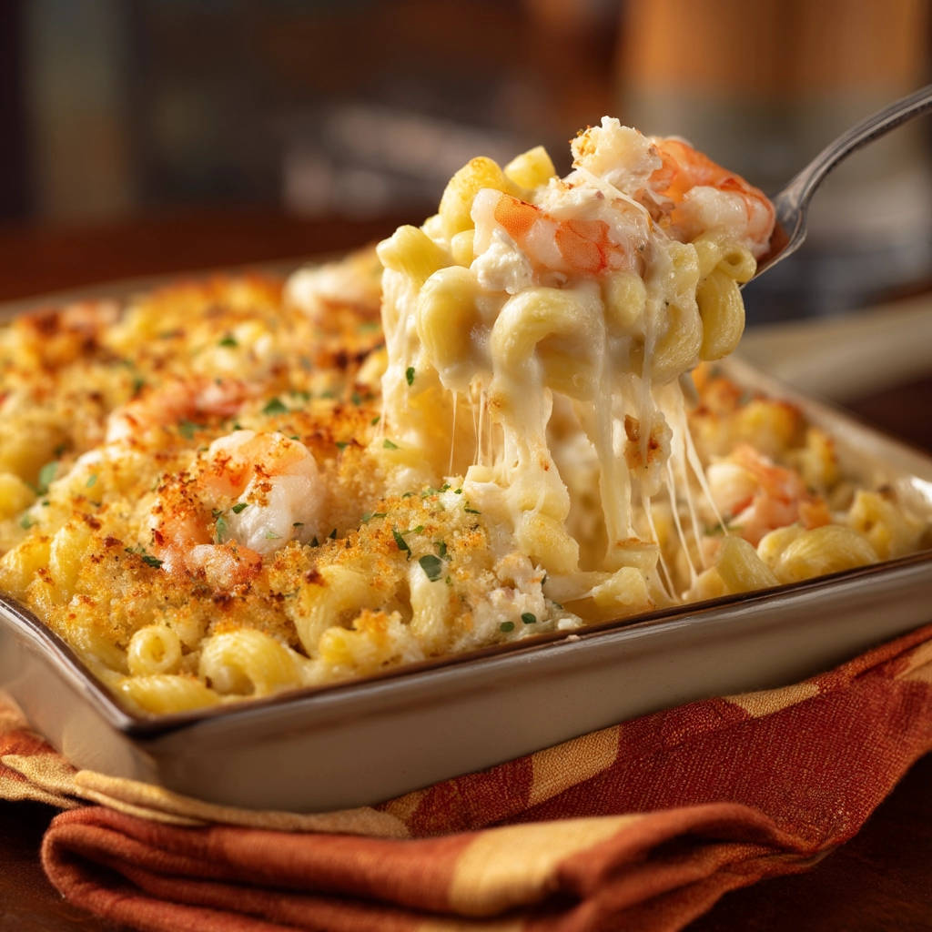 Cheesy shrimp mac and cheese with a gooey cheese pull being lifted on a fork from the baking dish.