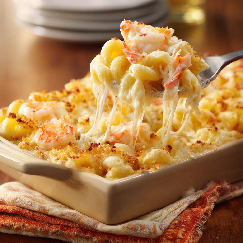 Cheesy shrimp mac and cheese captured in a forkful with a dramatic cheese pull, showcasing its creamy texture.