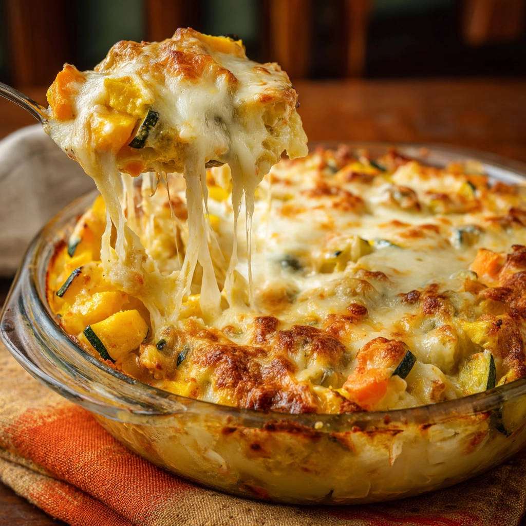 Cheesy vegetable bake with a gooey cheese pull captured as a spoonful is lifted from the dish.