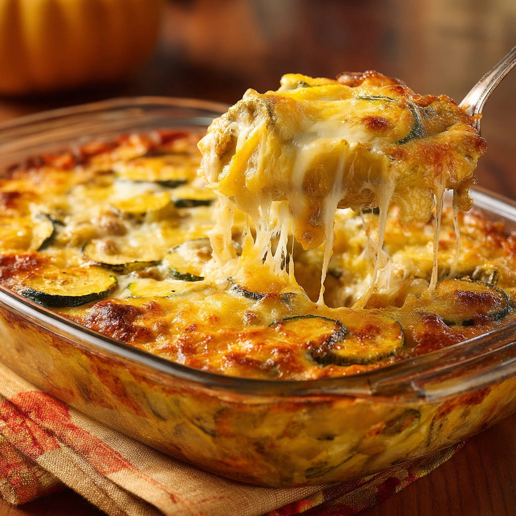 Cheesy vegetable bake being served, with melted cheese stretching in a long pull from the serving spoon.