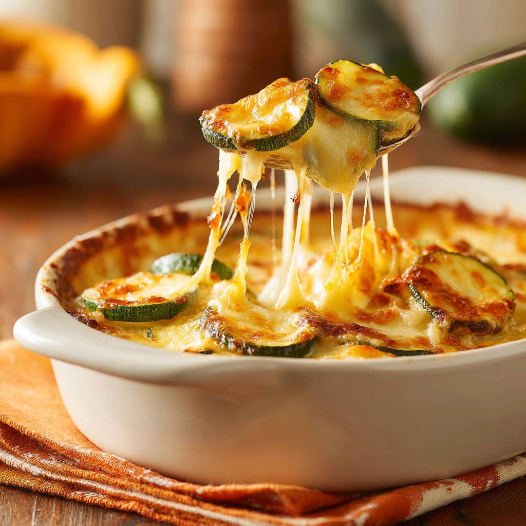 Cheesy zucchini bake with long strings of melted cheese being lifted on a spoon.