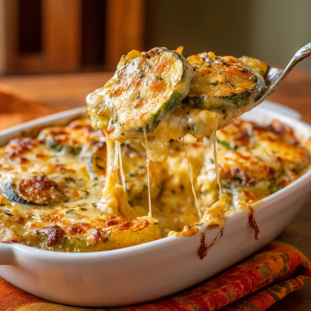 Cheesy zucchini bake with a generous scoop showing melted cheese strings being pulled from the dish.