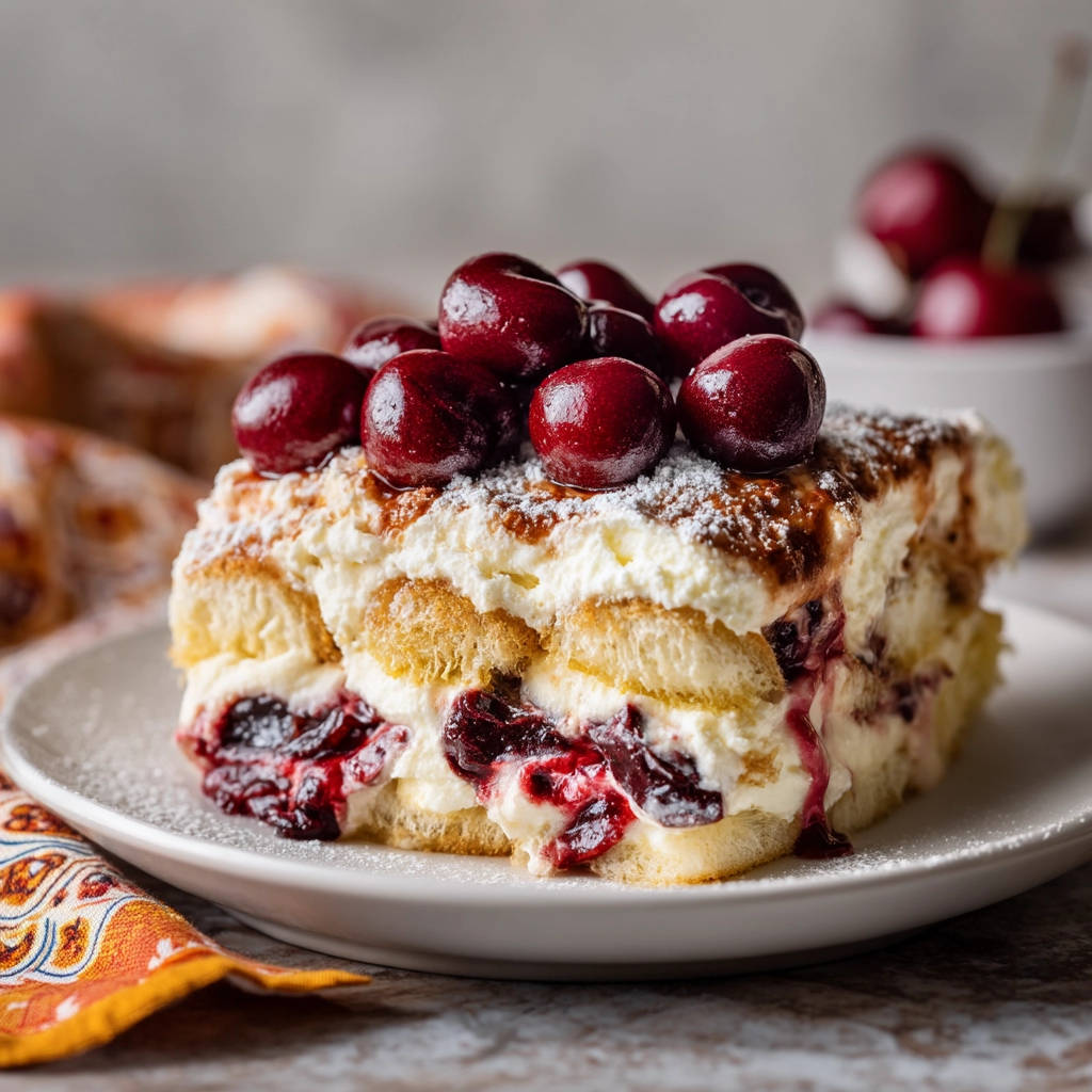 Cherry Tiramisu layered dessert shown in a close-up cross-section, topped with fresh cherries and dusted with powdered sugar.