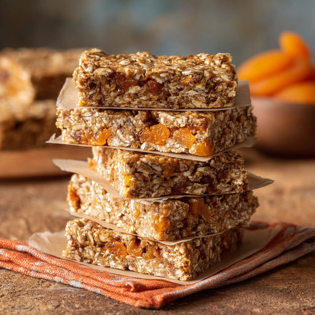 Chewy apricot granola bars that hold, stacked high and separated by parchment paper on an orange napkin.