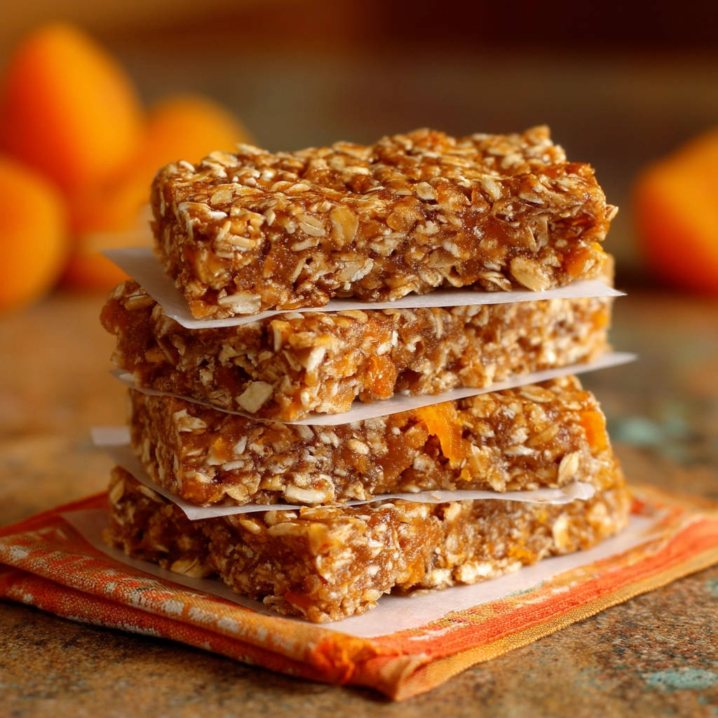 Chewy apricot granola bars stacked on a napkin, showcasing their layered texture and apricot pieces.