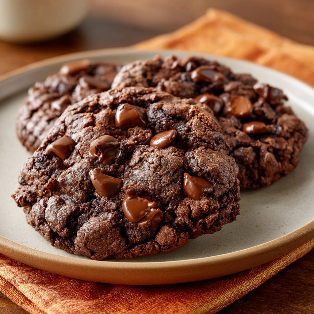 Chewy double chocolate cookies with melty chocolate chips piled on a plate with an orange napkin.