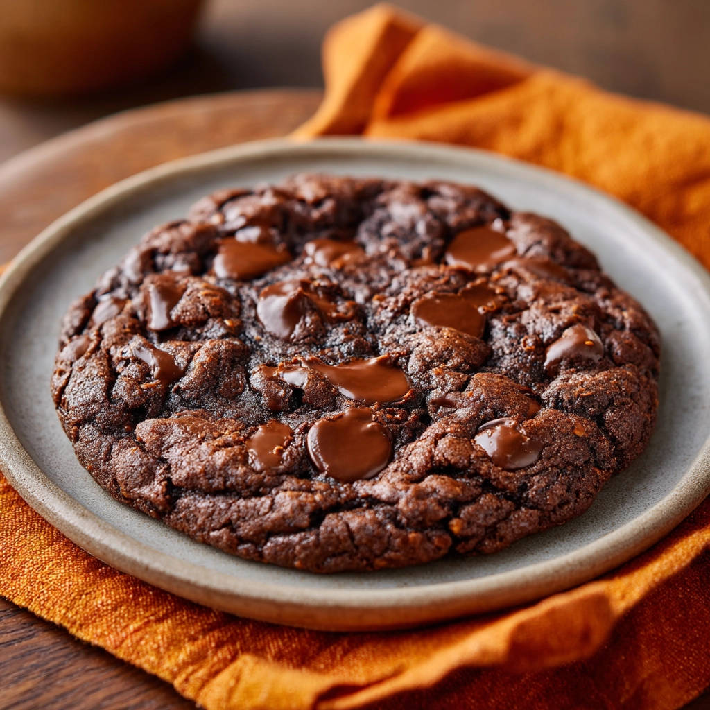 Chewy double chocolate cookies in a close-up view showcasing their rich texture and melted chocolate chips.