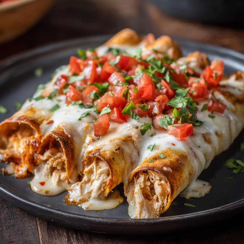 Chicken enchiladas with melted cheese, fresh tomatoes, and cilantro, showing a close-up of the cheesy filling.