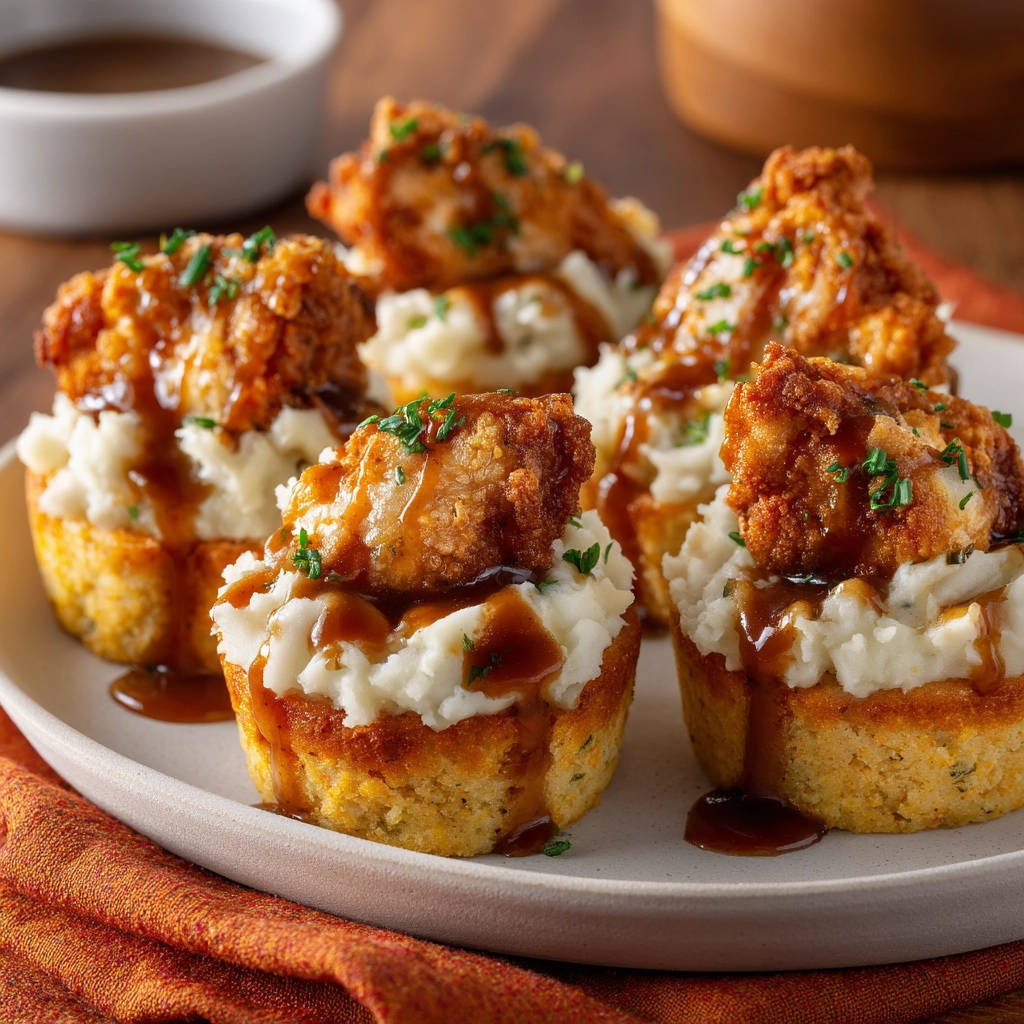 Delicious Southern-Style Chicken & Gravy Bites stacked on cornbread muffins on a plate, drizzled with gravy.