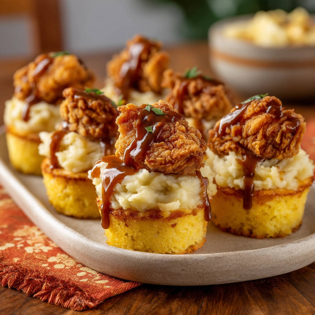 Southern-style chicken & gravy bites are stacked high on cornbread with a rich gravy drizzle.