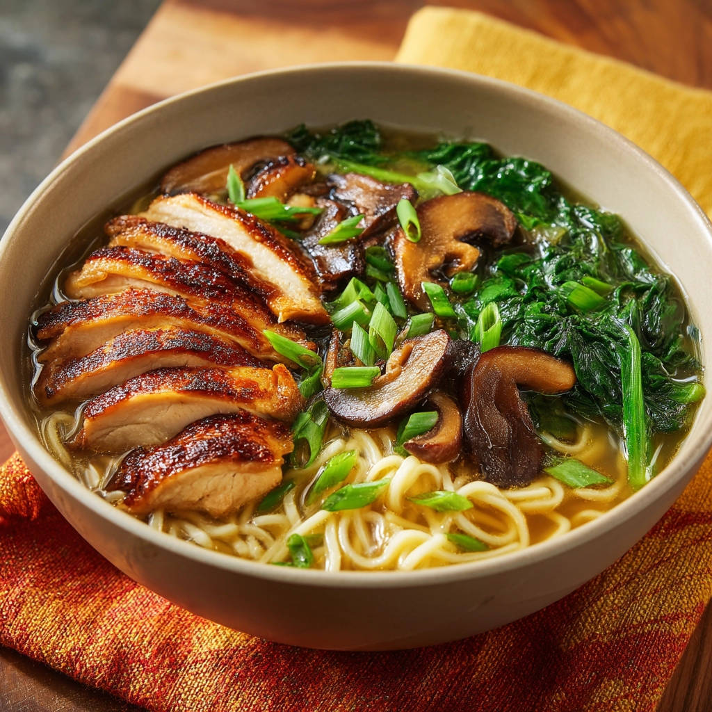 Comforting chicken noodle soup with sliced juicy chicken breast and shiitake mushrooms in a savory broth.