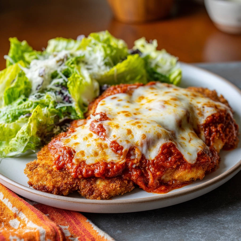 Classic Chicken Parm with golden breading, topped with melted cheese and a side of fresh salad.