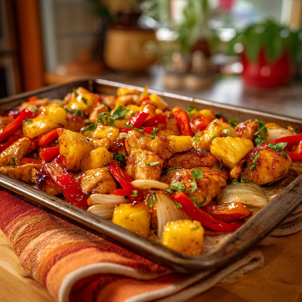 Easy Sheet Pan Chicken and Pineapple served on a baking tray, showing a close-up of the glazed chicken, pineapple chunks, and red peppers.