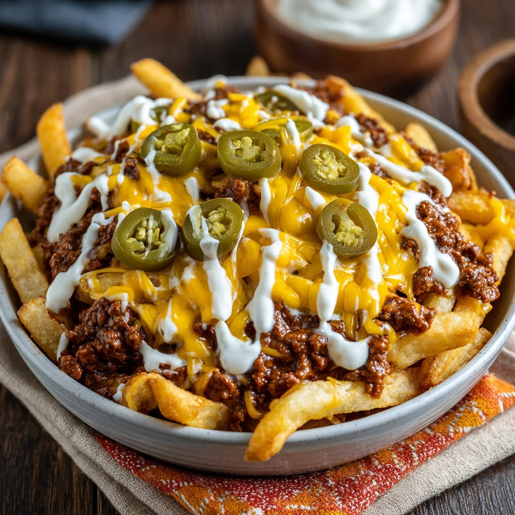 Classic chili cheese fries generously topped with melted cheddar cheese, seasoned chili, sour cream drizzle, and sliced jalapeños.