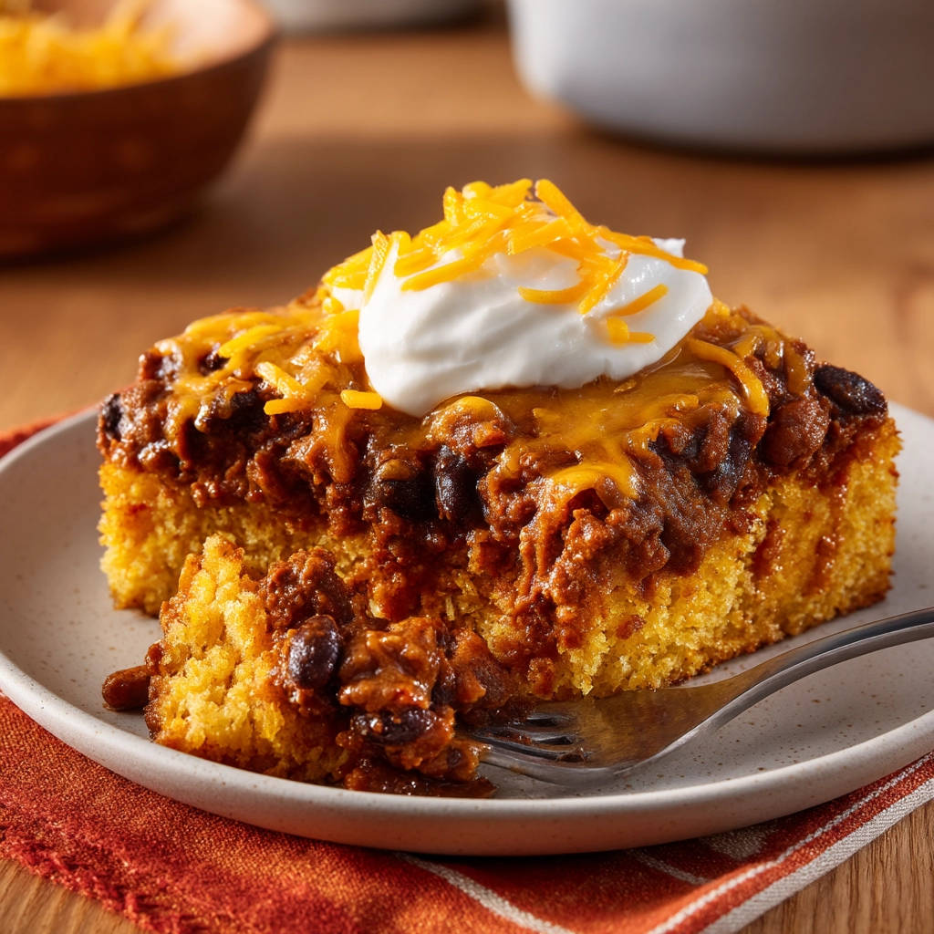 Easy Chili Cornbread Bake served as a plated slice with a fork, topped with cheese and sour cream.