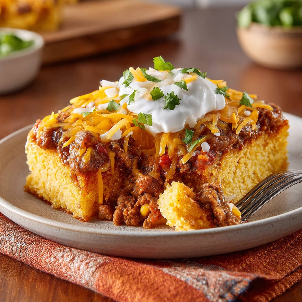 Easy Chili Cornbread Bake slice on a plate with a fork, topped with cheese and sour cream.
