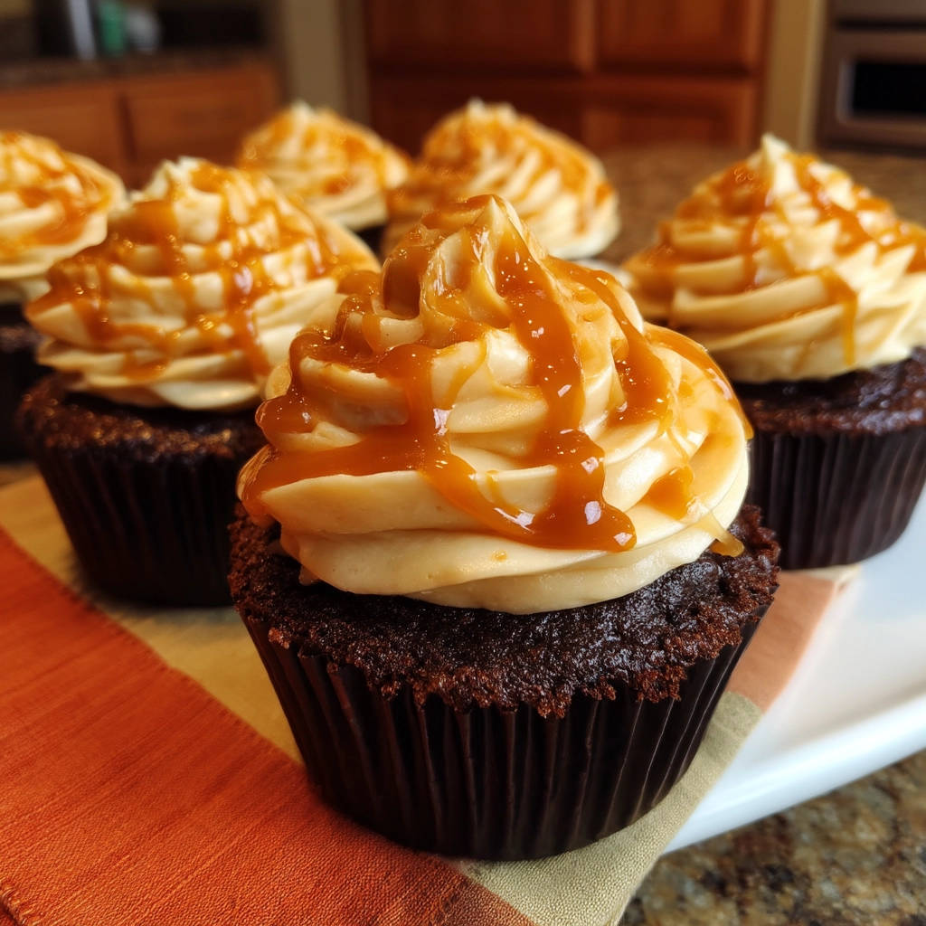 Decadent chocolate caramel cupcakes with a generous swirl of frosting and rich caramel drizzle topping.