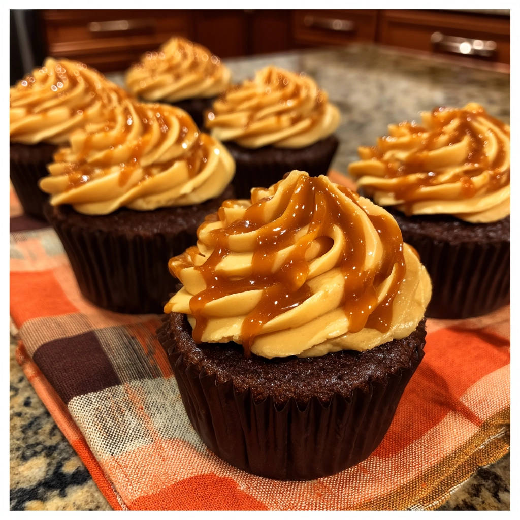 Decadent chocolate caramel cupcakes with rich peanut butter frosting and a glossy caramel drizzle.