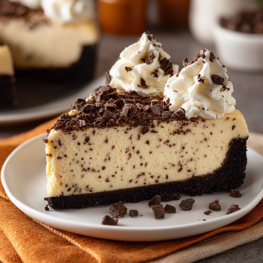 Decadent chocolate chip cheesecake slice garnished with whipped cream and chocolate shavings on a white plate.