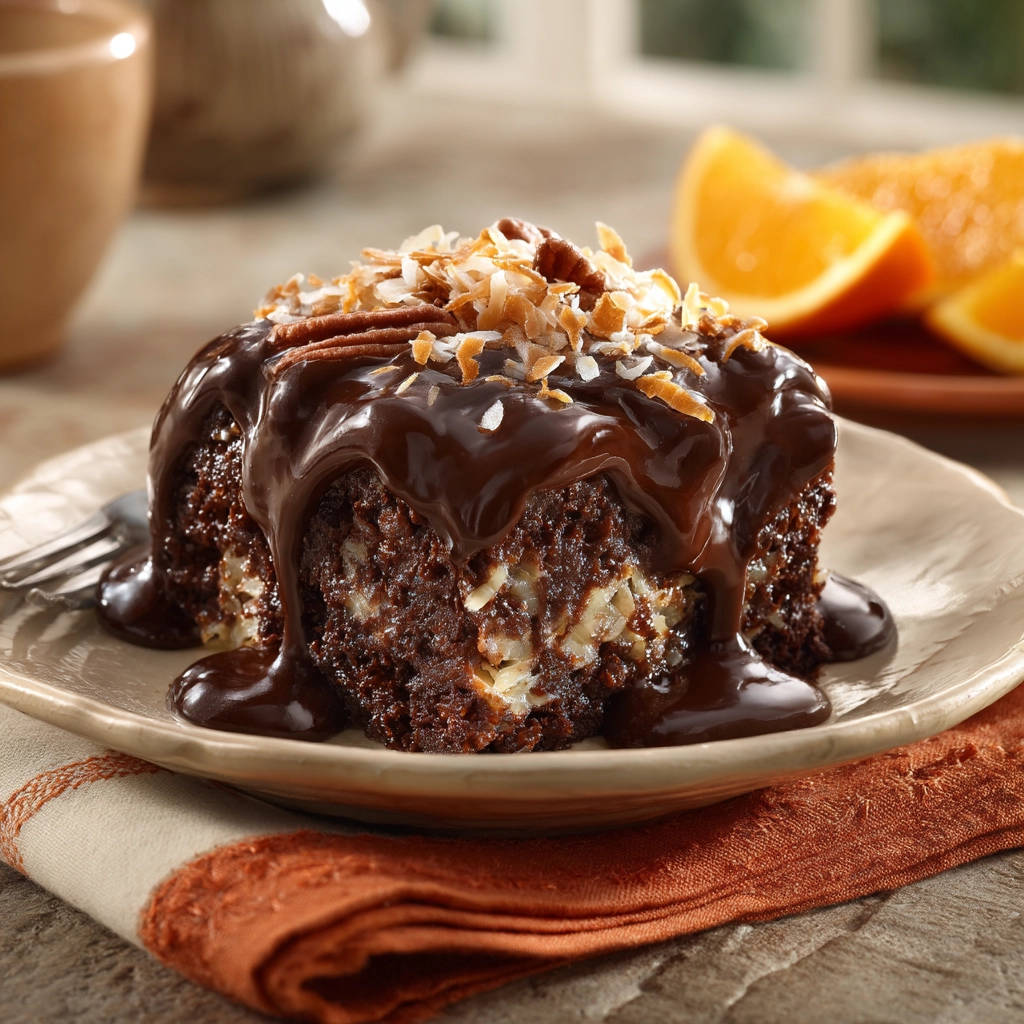 Irresistibly moist chocolate coconut orange cake with a rich chocolate glaze and coconut-pecan topping.