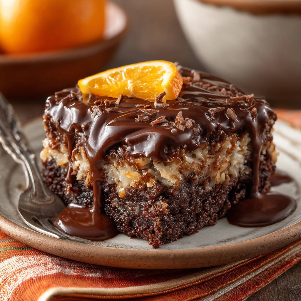 Irresistibly moist chocolate coconut orange cake slice with rich chocolate glaze and orange garnish.