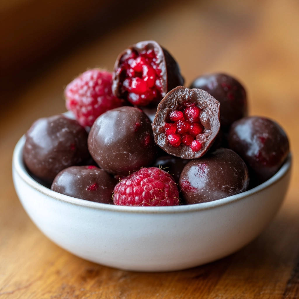 Chocolate covered raspberries, with a close-up cross-section showing the fresh raspberry interior.