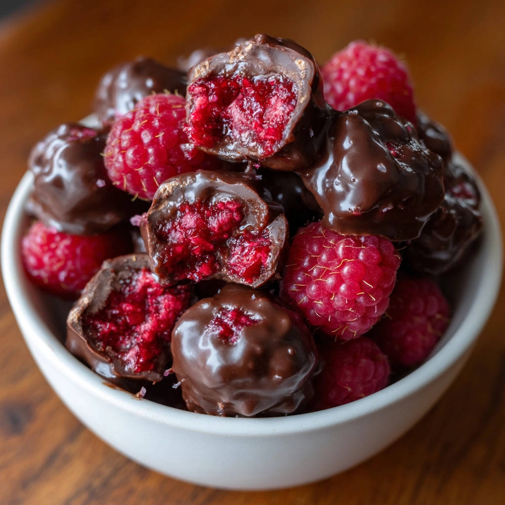 Chocolate covered raspberries cross-section detail showing the vibrant red fruit inside the dark chocolate coating.