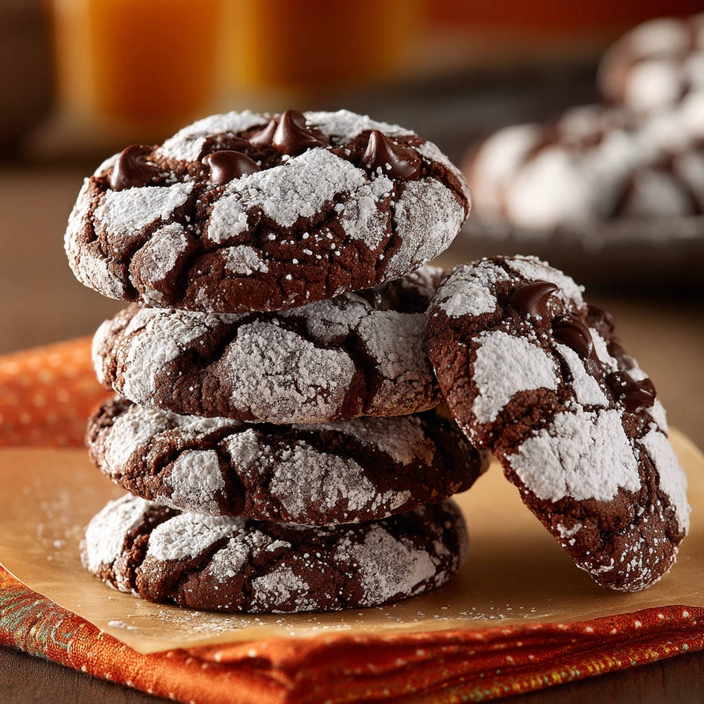 Chocolate crinkle cookies are stacked on parchment paper, dusted with powdered sugar, showing their cracked texture.