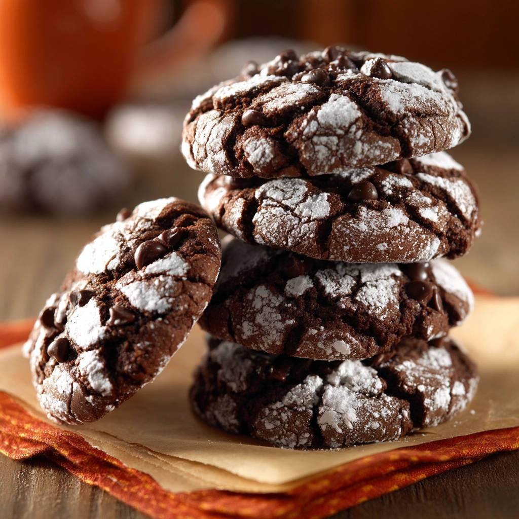 Chocolate crinkle cookies stacked high, dusted with powdered sugar and studded with chocolate chips.