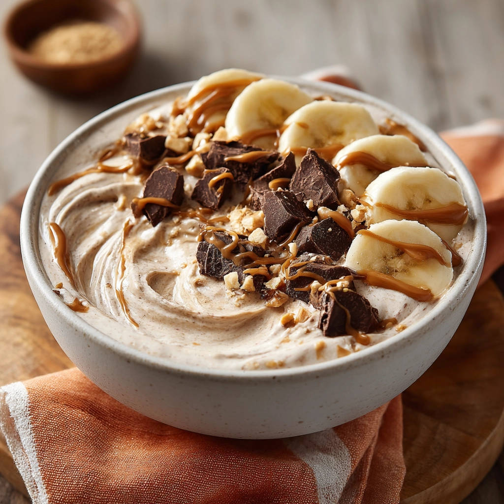 Creamy chocolate peanut butter banana bowl showing swirls and toppings of chocolate chunks and banana slices.