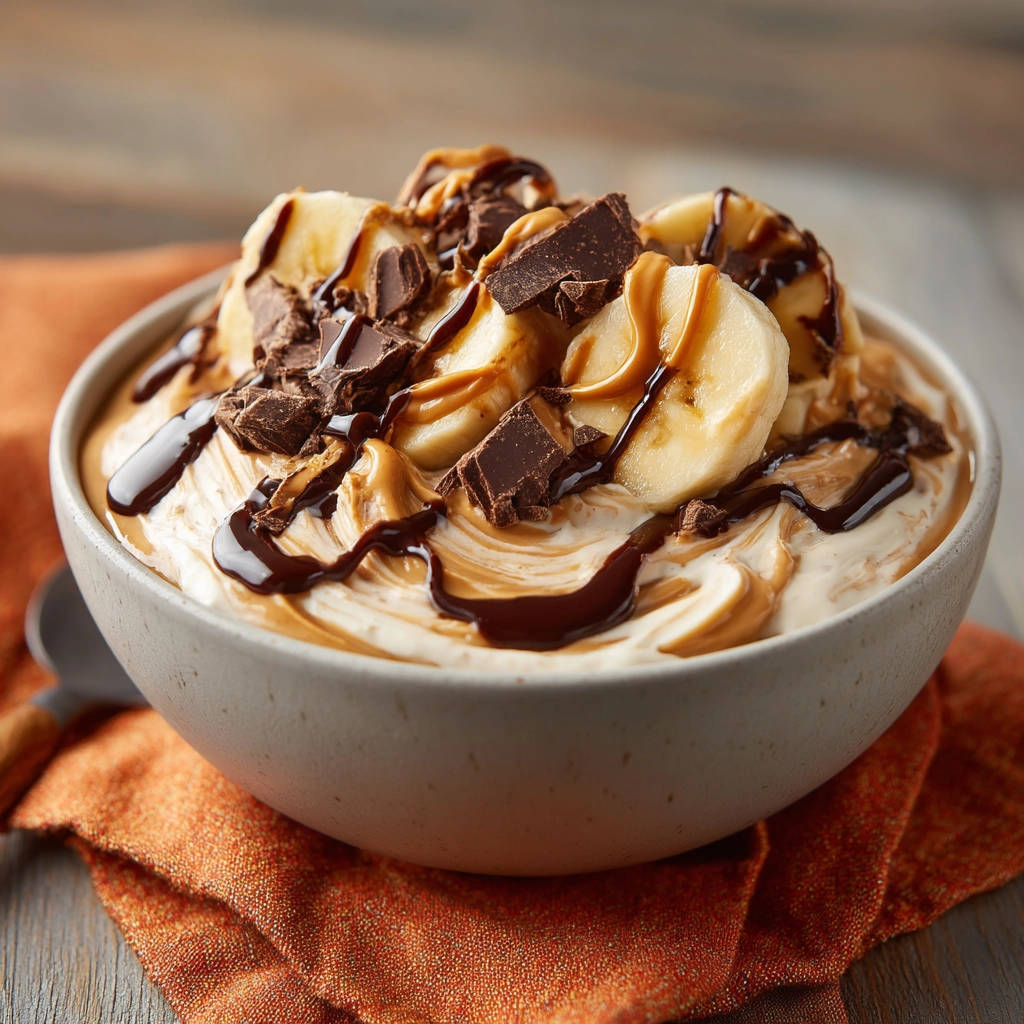 Creamy Chocolate Peanut Butter Banana Bowl with swirls and chocolate drizzle detail.