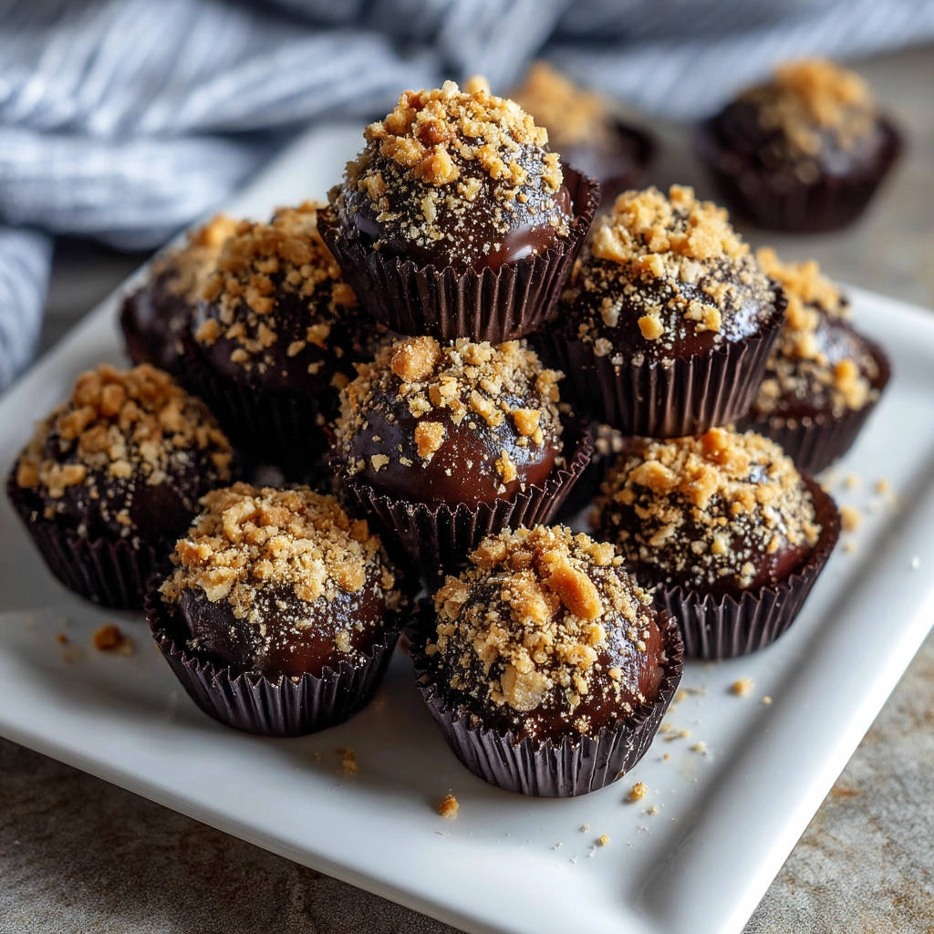 Easy chocolate peanut butter treats stacked and topped with crushed peanuts, a close-up view.
