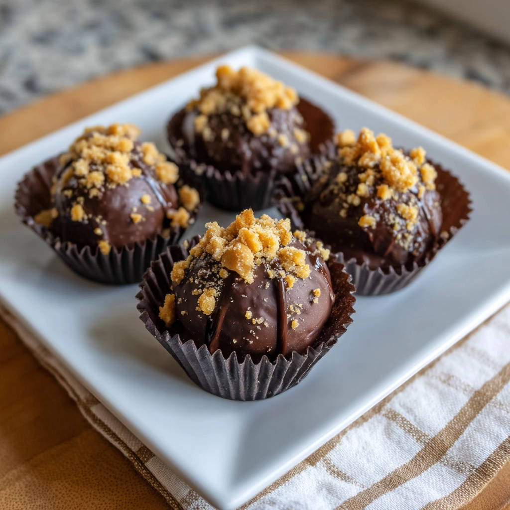 Easy chocolate peanut butter treats topped with crumbled peanut butter pieces, presented on a white plate.