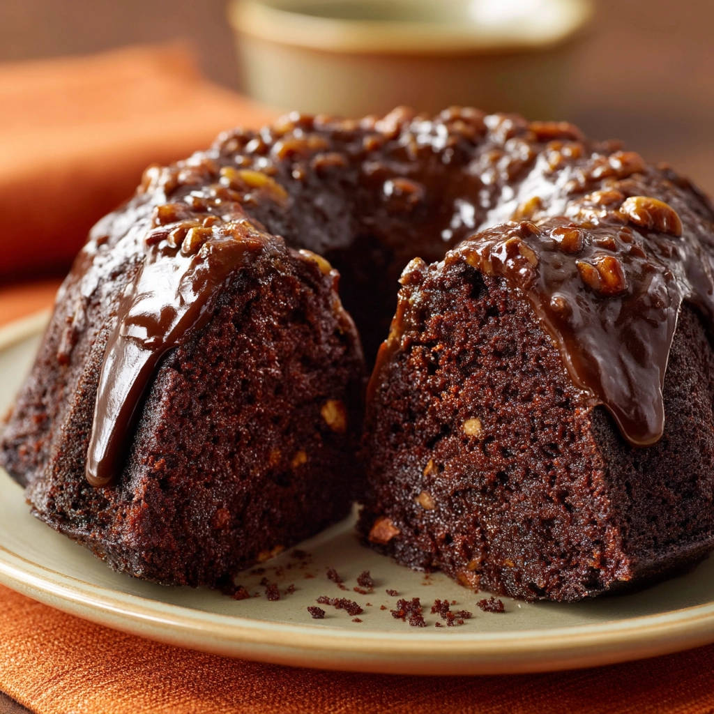 Amazing Chocolate Pecan Bundt Cake shown in a close-up cross-section with rich chocolate glaze and chopped pecans.